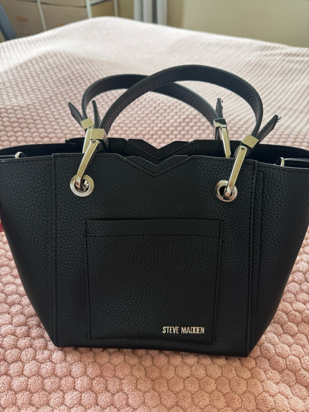 Steve Madden Black Pebbled Shoulder Tote with Front Pocket